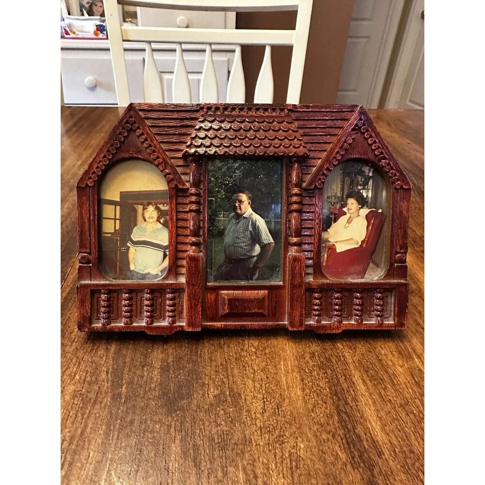 Vintage Rustic Log Cabin Triple Picture Frame Cottage Lodge Faux Wood Desktop